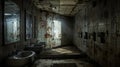 Abandoned Toilet Room in Derelict Building with Rusted Walls and Dirty Floor, Liminal Royalty Free Stock Photo