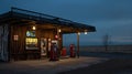 Vintage Gas Station at Dusk with Empty Landscape and Tree in Background, Liminal Royalty Free Stock Photo