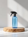 Blue Spray Bottle Mockup on Wooden Podium Royalty Free Stock Photo