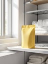 Blank Yellow Pouch Mockup in a Bright Bathroom Setting Royalty Free Stock Photo