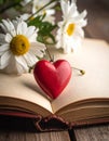 Red wooden heart pendant, an open diary with clean pages and flowers. Romantic concept Royalty Free Stock Photo
