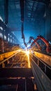 Robotic welding arm automating steel beam production in a modern factory with bright sparks. Industry 4.0 concept. Royalty Free Stock Photo