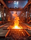 Steel mill production line with molten metal. Hot liquid iron pouring in a foundry, heavy industry manufacturing backgro Royalty Free Stock Photo