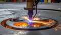Industrial CNC plasma cutting machine cutting steel plate. Metalworking factory with sparks and automated technology. Royalty Free Stock Photo