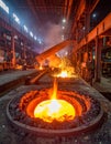 Molten metal pouring in a steel mill foundry. Industrial manufacturing process with hot liquid iron and sparks. Royalty Free Stock Photo