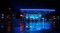 Nighttime Gas Station with Neon Lights and Reflections on Wet Pavement, Liminal Royalty Free Stock Photo