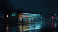 Empty Gas Station at Night on Rainy Evening with Neon Lights and Reflection, Liminal Royalty Free Stock Photo