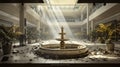 Abandoned Shopping Mall Interior with Broken Fountain and Sunlight Rays, Liminal Royalty Free Stock Photo