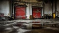 Abandoned Warehouse Interior with Water Puddles and Rusted Roll-up Doors, Liminal Royalty Free Stock Photo
