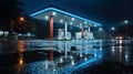 Nighttime Gas Station Under Rain with Reflection and Blue Neon Lighting, Liminal Royalty Free Stock Photo