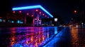 Night Scene of a Neon-Lit Gas Station with Wet Pavement and Reflections, Liminal Royalty Free Stock Photo