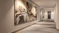 Modern Art Gallery Hallway with Abstract Paintings, Interior Design for Living Space, Liminal Royalty Free Stock Photo