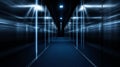 Futuristic Data Center Corridor with Reflective Glass Walls and Blue LED Lighting, Liminal Royalty Free Stock Photo