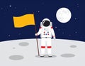 Astronaut in space suit standing on moon with flag. Space walk on lunar surface. Flat lay Royalty Free Stock Photo