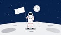 Astronaut in space suit standing on moon with flag. Space walk on lunar surface. Flat lay Royalty Free Stock Photo