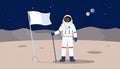 Astronaut in space suit standing on moon with flag. Space walk on lunar surface. Flat lay Royalty Free Stock Photo