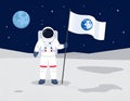 Astronaut in space suit standing on moon with flag. Space walk on lunar surface. Flat lay Royalty Free Stock Photo