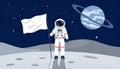 Astronaut in space suit standing on moon with flag. Space walk on lunar surface. Royalty Free Stock Photo