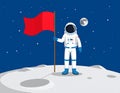 Astronaut in space suit standing on moon with flag. Space walk on lunar surface. Flat lay Royalty Free Stock Photo