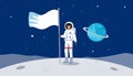 Astronaut in space suit standing on moon with flag. Space walk on lunar surface. Flat lay Royalty Free Stock Photo