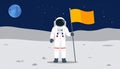 Astronaut in space suit standing on moon with flag. Space walk on lunar surface. Flat lay Royalty Free Stock Photo