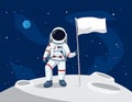 Astronaut in space suit standing on moon with flag. Space walk on lunar surface. Flat lay Royalty Free Stock Photo