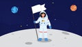 Astronaut in space suit standing on moon with flag. Space walk on lunar surface. Flat lay Royalty Free Stock Photo