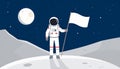 Astronaut in space suit standing on moon with flag. Space walk on lunar surface. Flat lay Royalty Free Stock Photo