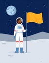 Astronaut in space suit standing on moon with flag. Space walk on lunar surface. Flat lay Royalty Free Stock Photo