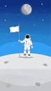 Astronaut in space suit standing on moon with flag. Space walk on lunar surface. Flat lay Royalty Free Stock Photo