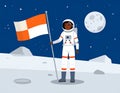 Astronaut in space suit standing on moon with flag. Space walk on lunar surface. Flat lay Royalty Free Stock Photo