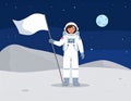 Astronaut in space suit standing on moon with flag. Space walk on lunar surface. Flat lay Royalty Free Stock Photo