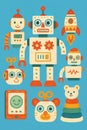 Whimsical illustration featuring a collection of retro-style robot toys and a rocket. Royalty Free Stock Photo