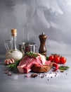Raw meat on the kitchen table on a metallic background in a composition with cooking Royalty Free Stock Photo