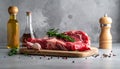 Raw meat on the kitchen table on a metallic background in a composition with cooking Royalty Free Stock Photo
