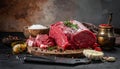 Raw meat on the kitchen table on a metallic background in a composition with cooking Royalty Free Stock Photo