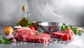 Raw meat on the kitchen table on a metallic background in a composition with cooking Royalty Free Stock Photo