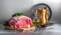 Raw meat on the kitchen table on a metallic background in a composition with cooking Royalty Free Stock Photo
