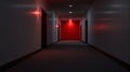 Dark Office Corridor with Red Exit. Royalty Free Stock Photo
