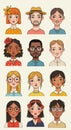 Vibrant illustration of a diverse array of stylized portraits of people, each with unique features, accessories, and expressions. Royalty Free Stock Photo