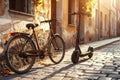 Old bicycle and electric scooter parked on cobblestone street with warm sunset light in historic urban neighborhood, AI-Generated Royalty Free Stock Photo
