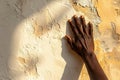 Hand touching textured old plaster wall in warm sunlight, cracked surface details and human connection concept, AI-Generated Royalty Free Stock Photo