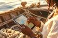 Using tablet for navigation on boat at sunrise, modern digital map technology in everyday travel AI-Generated Royalty Free Stock Photo