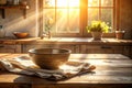 Warm Morning Sunlight Over Rustic Wooden Bowl in Cozy Kitchen Interior â AI-Generated Royalty Free Stock Photo