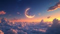 Crescent Moon Over a Sea of Clouds at Sunset Royalty Free Stock Photo