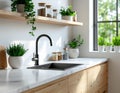 modern kitchen interior with black faucet and sink, natural wood cabinets and potted plants on white marble countertop Royalty Free Stock Photo