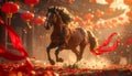 Galloping Horse with Red Ribbons in Festive Lantern Street at Sunset Glow Royalty Free Stock Photo
