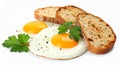 Tasty fried eggs with bread and parsley isolated on white Royalty Free Stock Photo