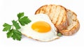 Tasty fried eggs with bread and parsley isolated on white Royalty Free Stock Photo