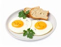 Tasty fried eggs with bread and parsley isolated on white Royalty Free Stock Photo